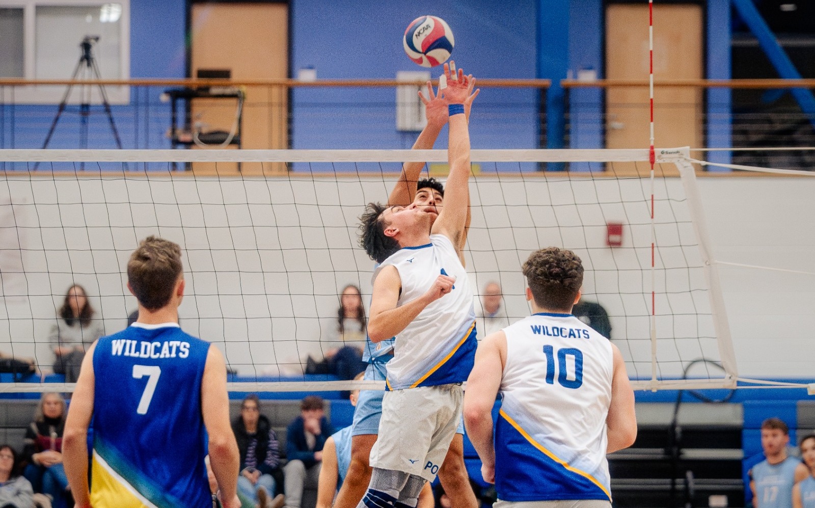 SUNY POLY Men's volleyball players make attempt to block incoming attack