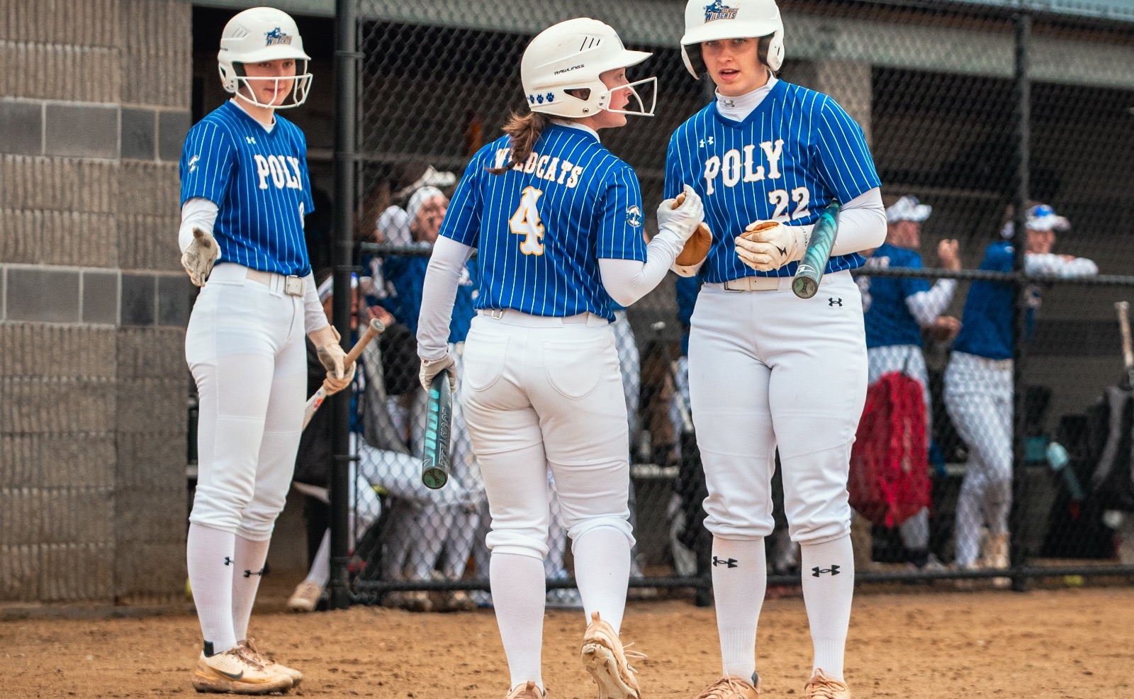 SUNY POLY softball players discuss strategy before the next at bat