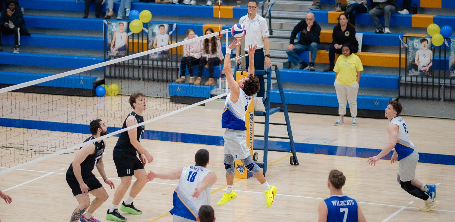 SUNY POLY volleyball player rises up for an attack on the ball