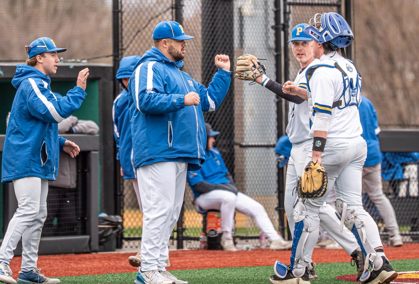 SUNY Poly baseball players celebrate before batting in the next half inning