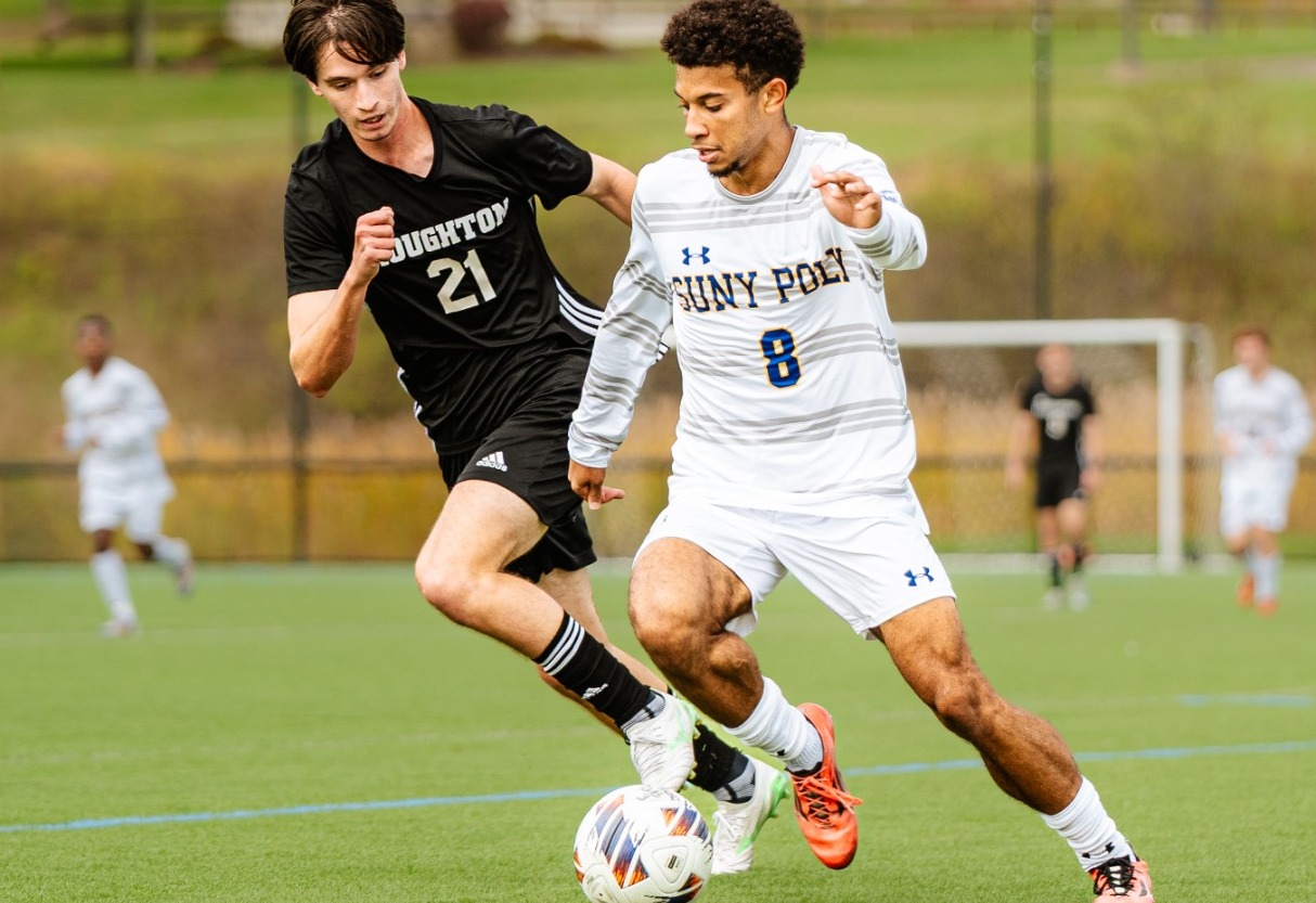 SUNY Poly men's soccer plays makes a move around opposing defender
