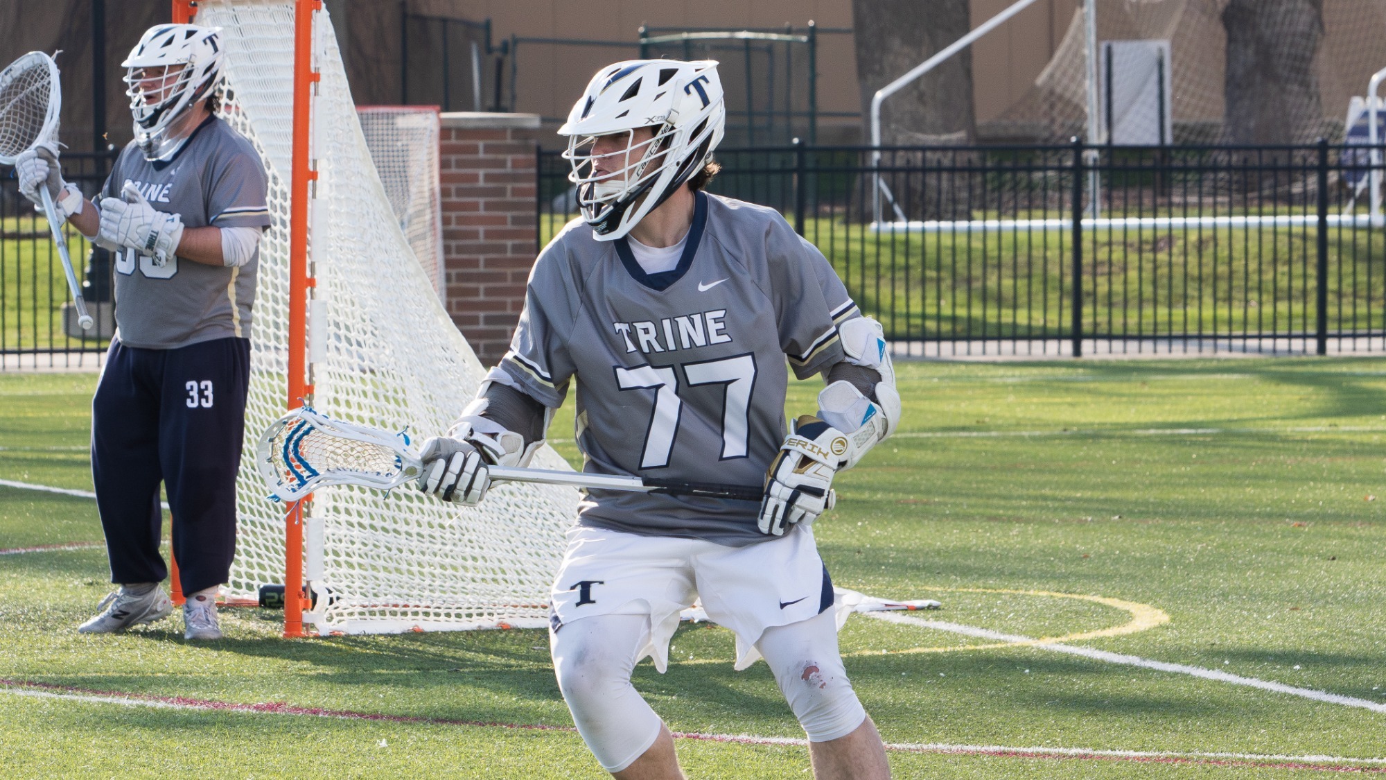 Justin Scheberle defends against Albion College.