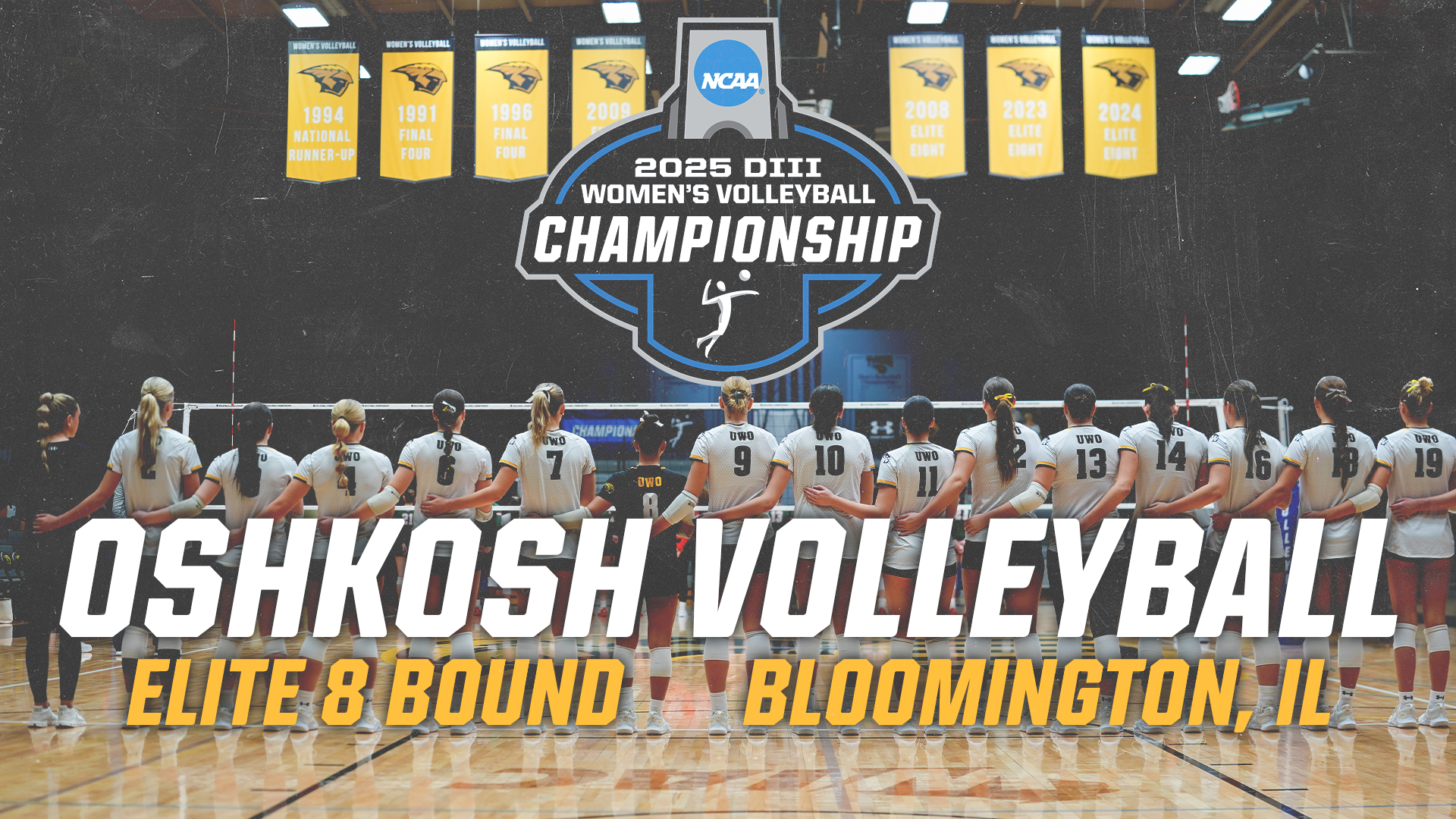 2025 Women's Volleyball Final Site Bound Graphic with the AVCA logo above a photo of the team lined up on the baseline