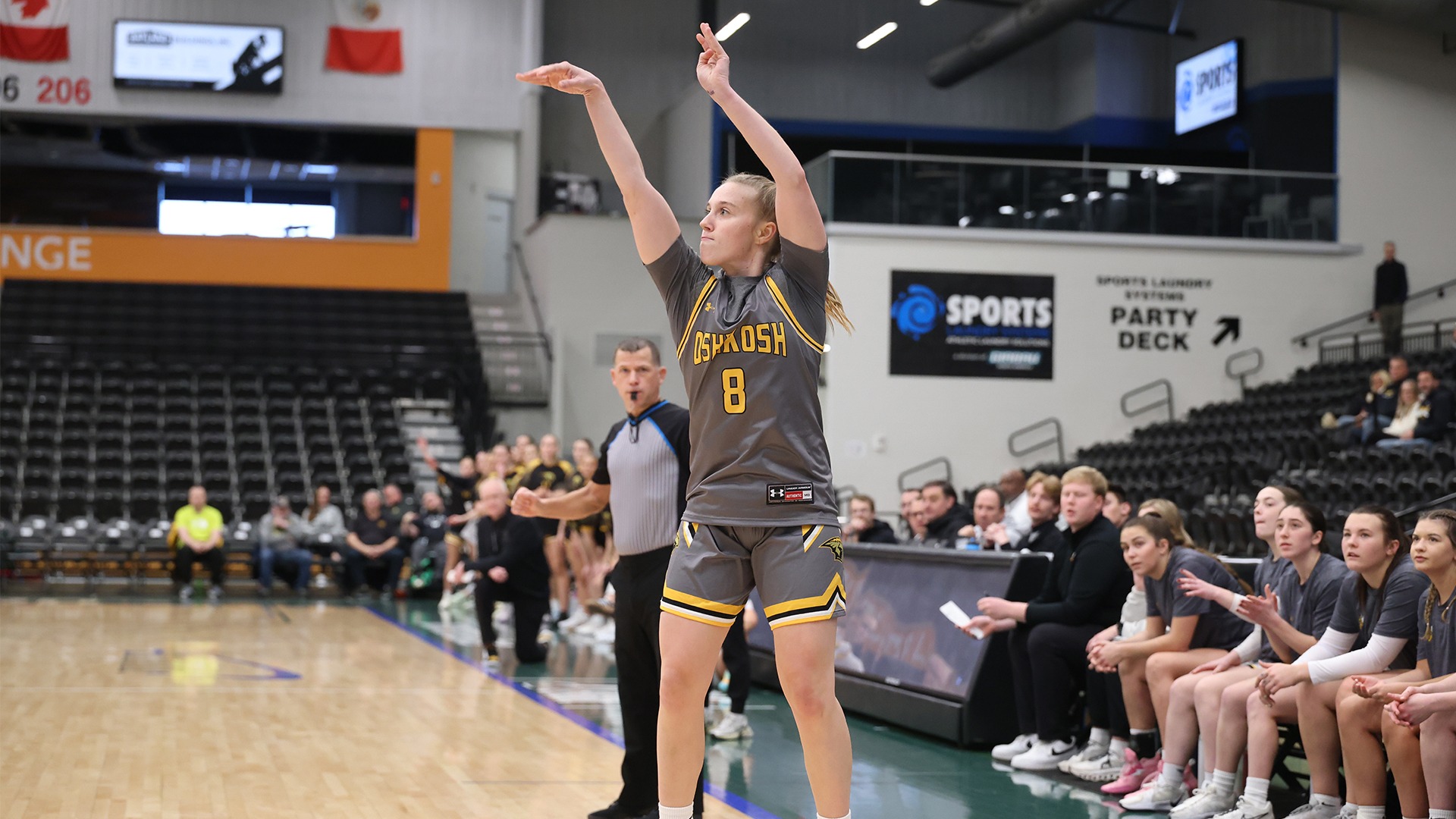 2025 Sammi Bayer Action Shot, shooting a 3-pointer in front of the Superior bench