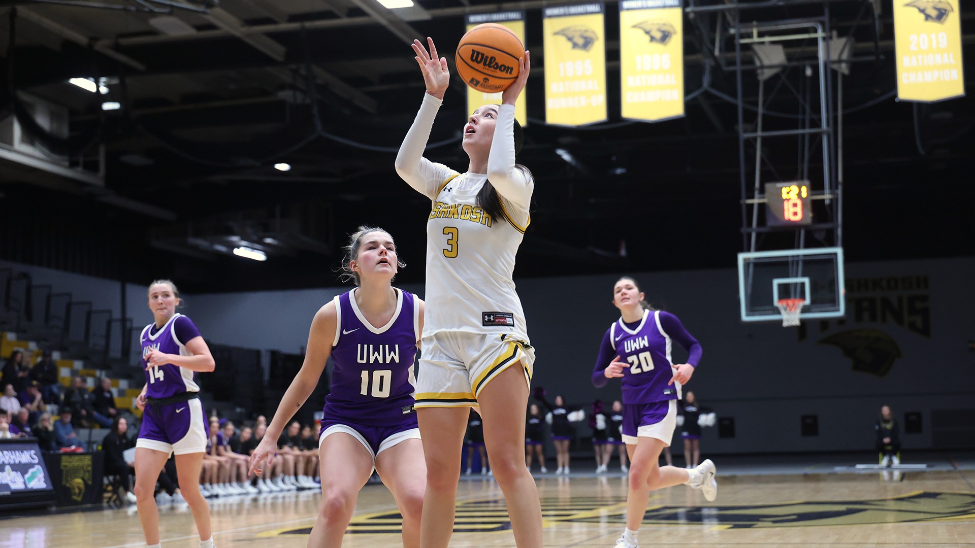 2026 Sarah Hardwick Action Shot, going up for a layup against Whitewater