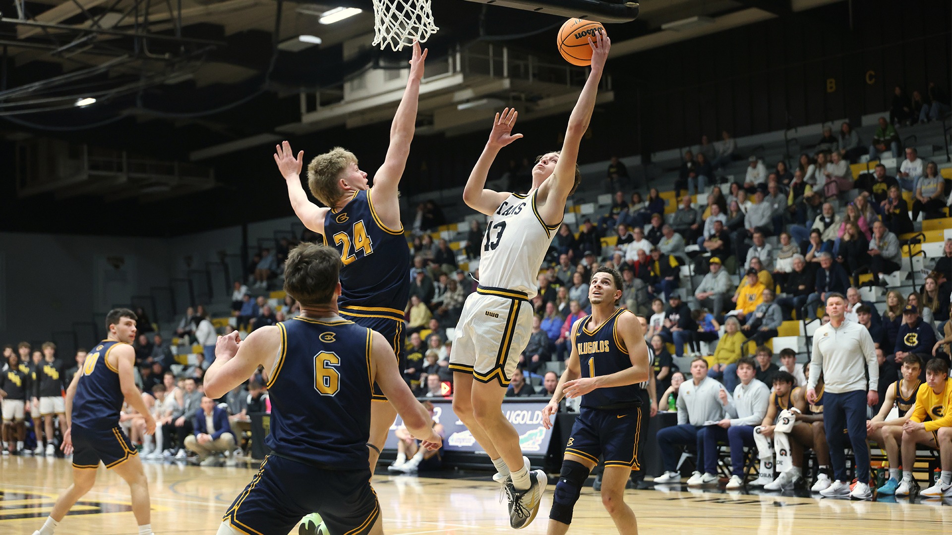 2026 Logan Rindfleisch Action Shot, going up for a layup against Eau Claire