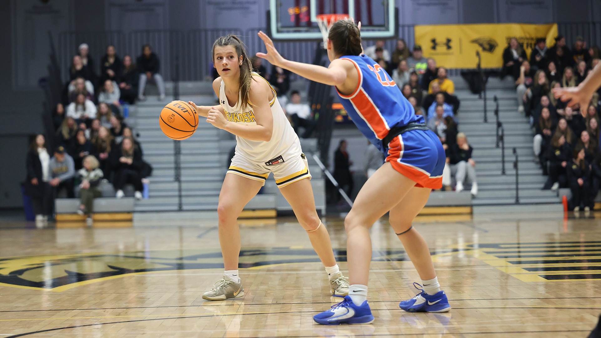 2026 Mallory Hoitink Action Shot, holding the ball at the top of the key against Platteville
