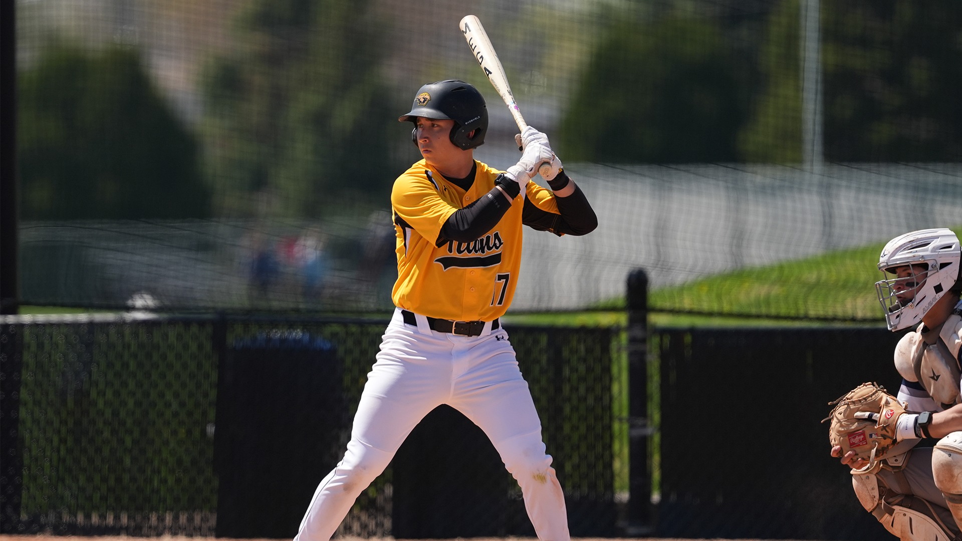 2026 Brenden Max Action Shot, hitting against Stout- Game 1