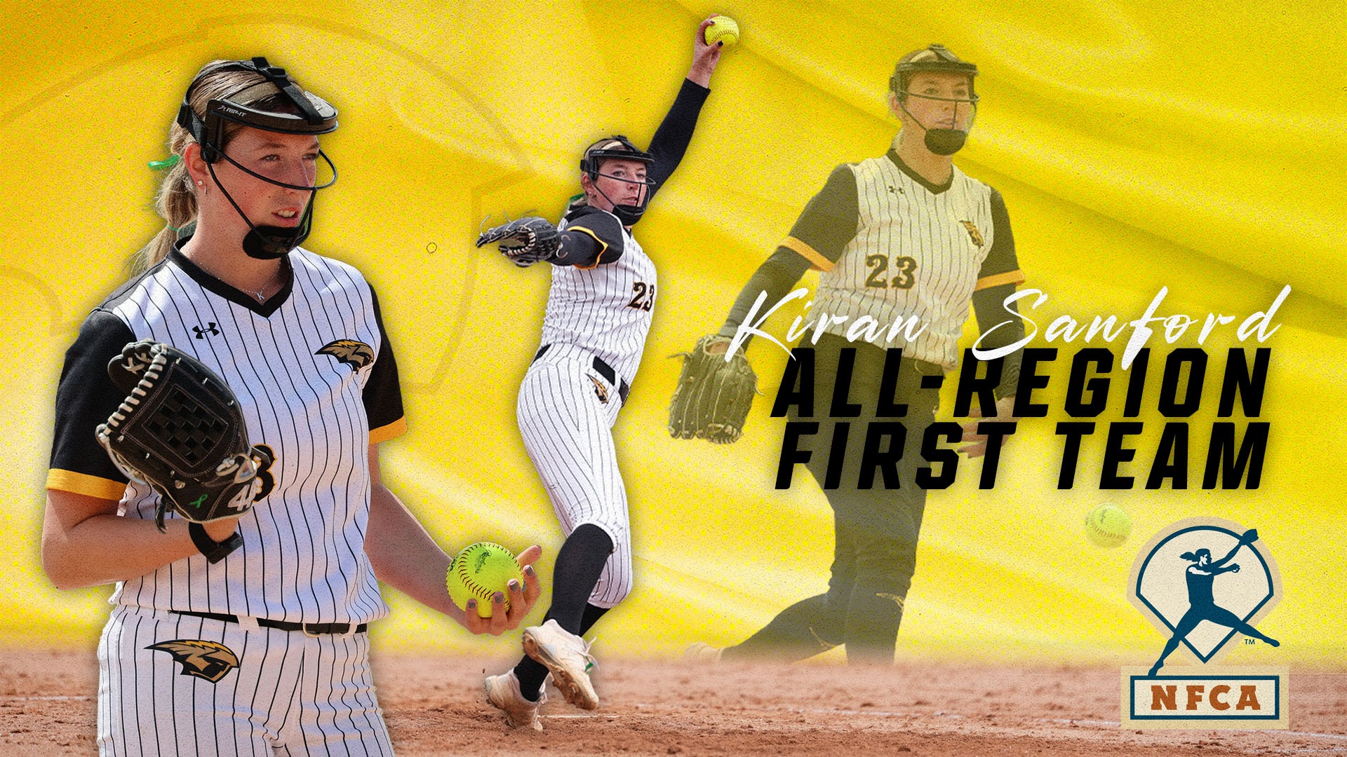2026 Kiran Sanford NFCA All-Region Graphic with action shots of Sanford over a yellow background and the NFCA logo in the bottom right corner