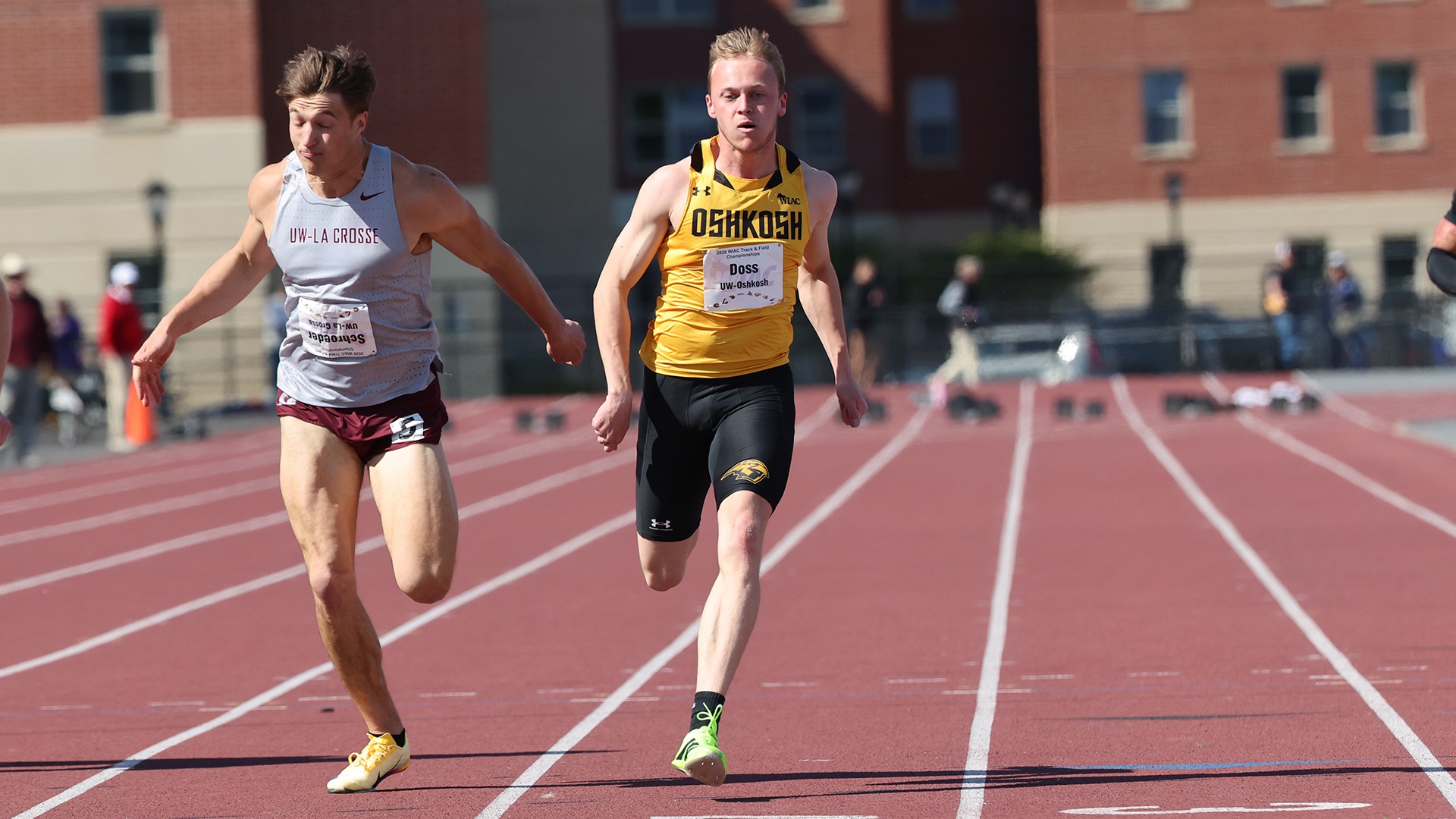 2026 Dylan Doss Action Shot, competing in the 100-meter dash at the WIAC Outdoor Championship