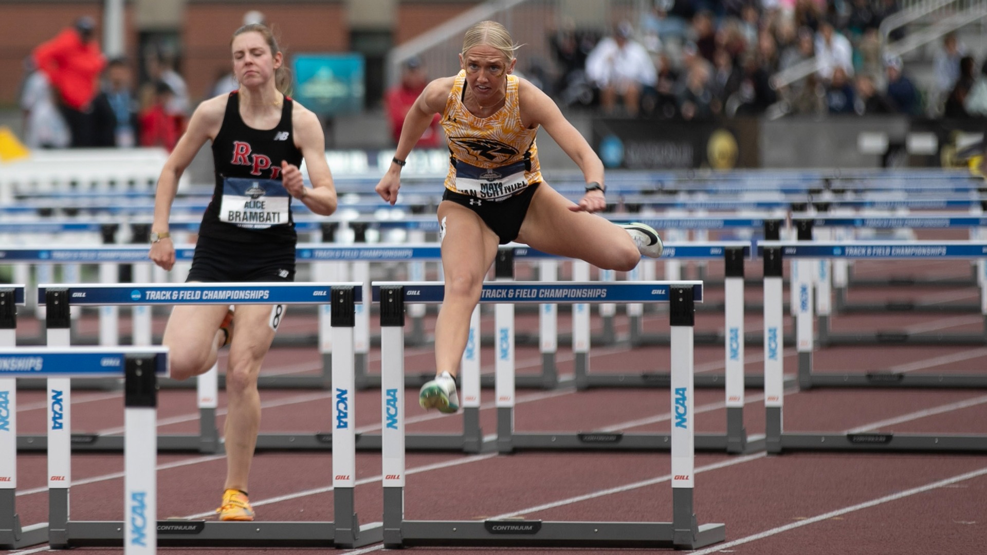 2026 Maya Van Schyndel Action Shot, running in the 100-meter hurdles at the NCAA Outdoor Championship
