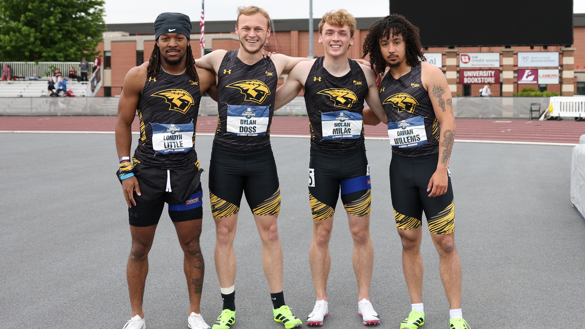 2026 Londyn Little, Dylan Doss, Nolan Milas and Davian Willems Group Shot, posing after winning the 4x100-meter relay at the NCAA Outdoor Championship
