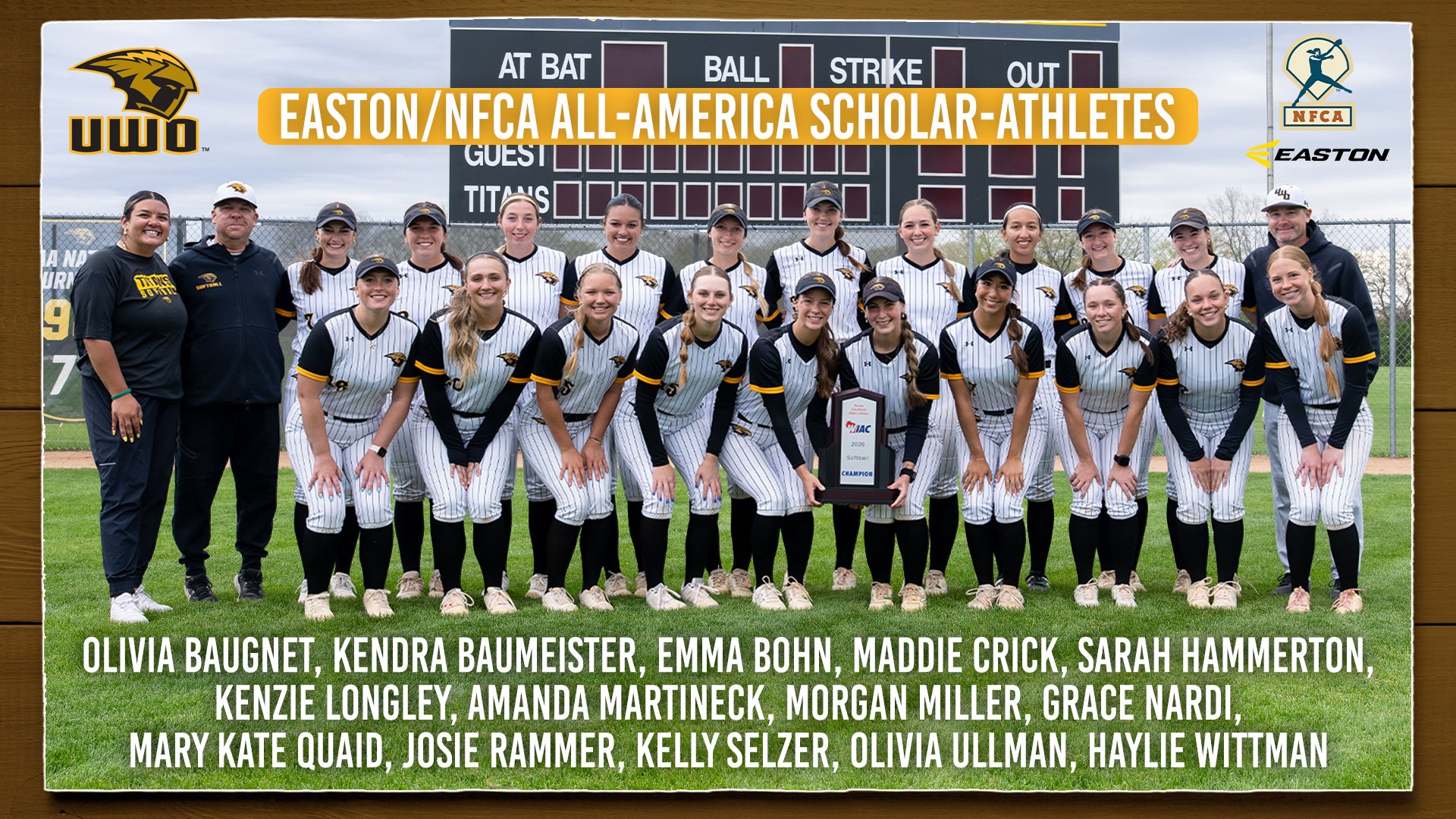 2026 Softball Easton/NFCA All-America Scholar-Athletes Graphic with a team photo and the names of the 13 Titans that earned the award