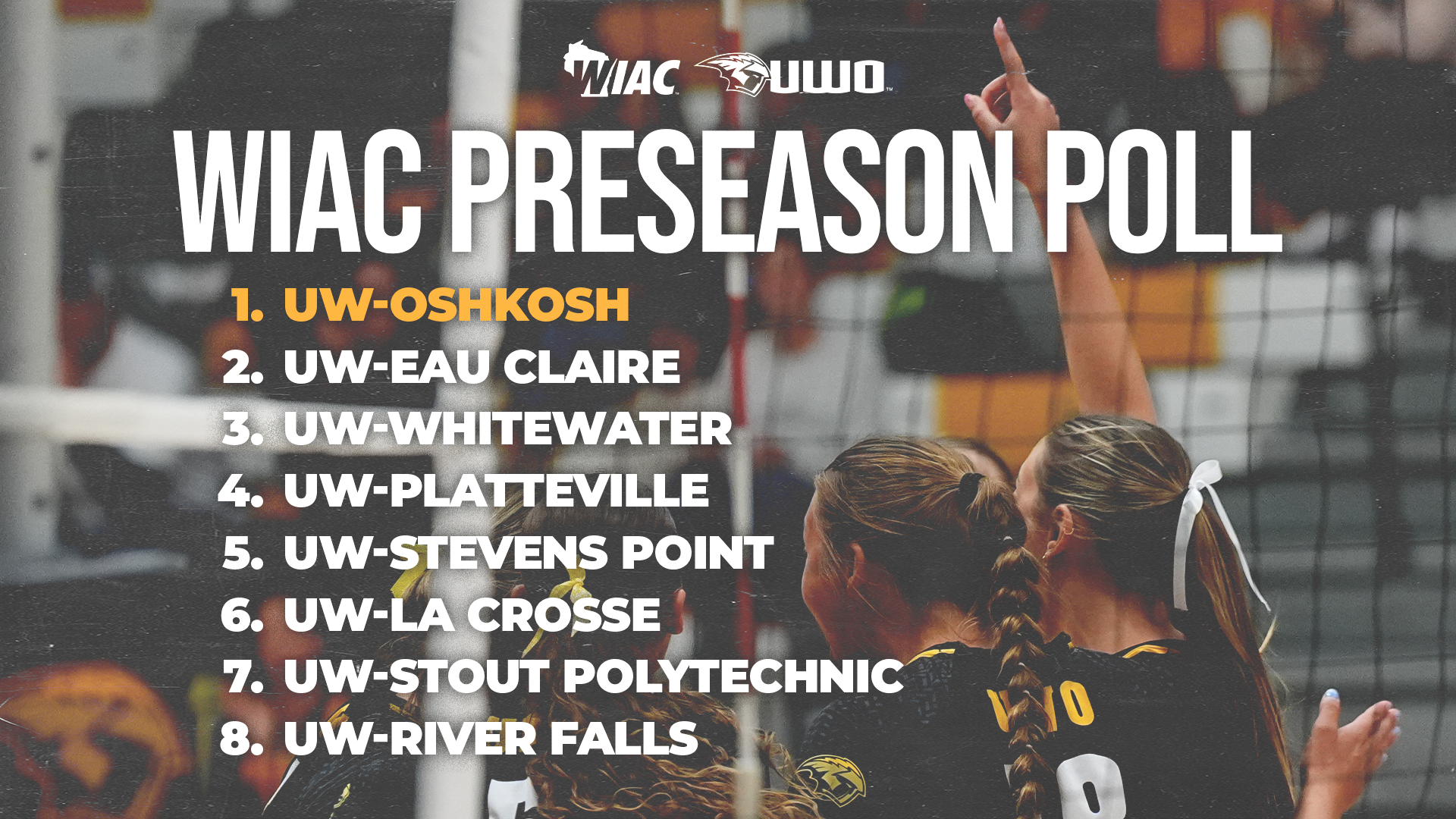 2026 Women's Volleyball WIAC Preseason Poll Graphic, preseason predictions with the text WIAC Preseason Poll and WIAC and UWO logos over a photo of players celebrating after a point