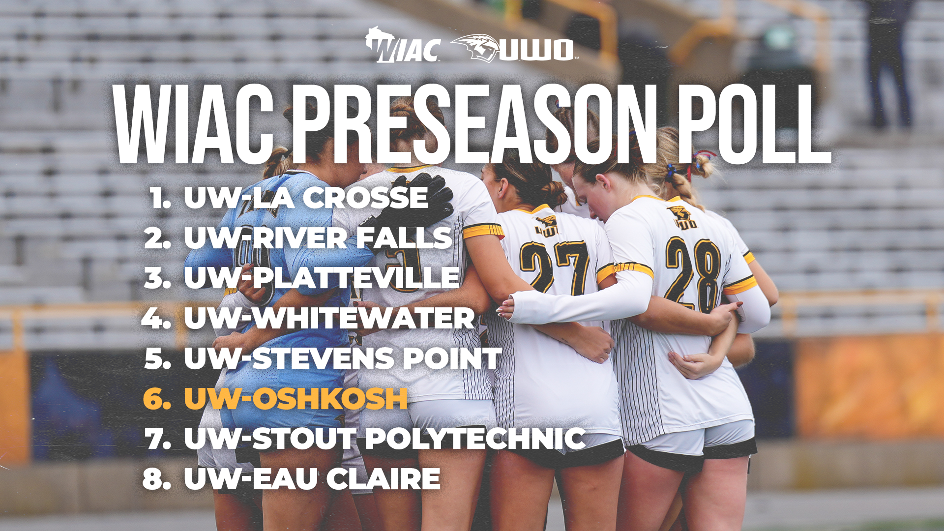  2026 Women's Soccer WIAC Preseason Poll Graphic, preseason predictions with the text WIAC Preseason Poll and WIAC and UWO logos over a photo of players in a huddle