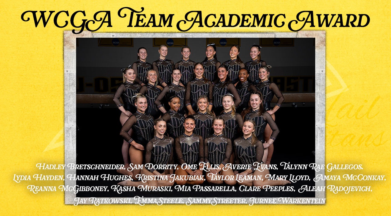 2026 Women's Gymnastics WCGA Academic Awards Graphic. Photo of 2026 UWO Gymnastics Team with WCGA Team Academic Award at the top and the names of the 20 scholastic all-americans below. All over a yellow background