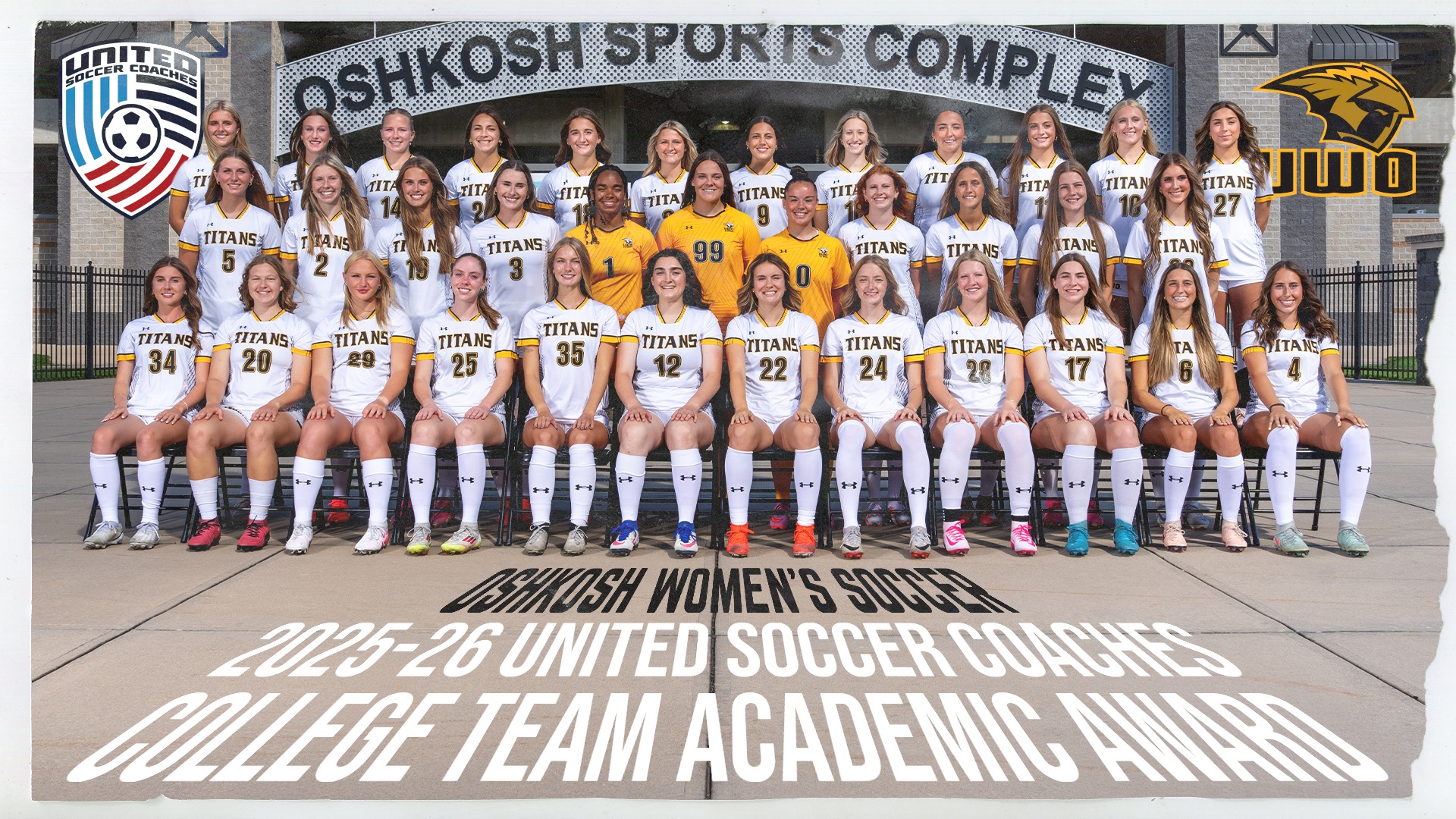 2026 Women's Soccer United Soccer Coaches Team Academic Award Graphic with the photo of the 2025 team and the USC and UWO logos in the top corners