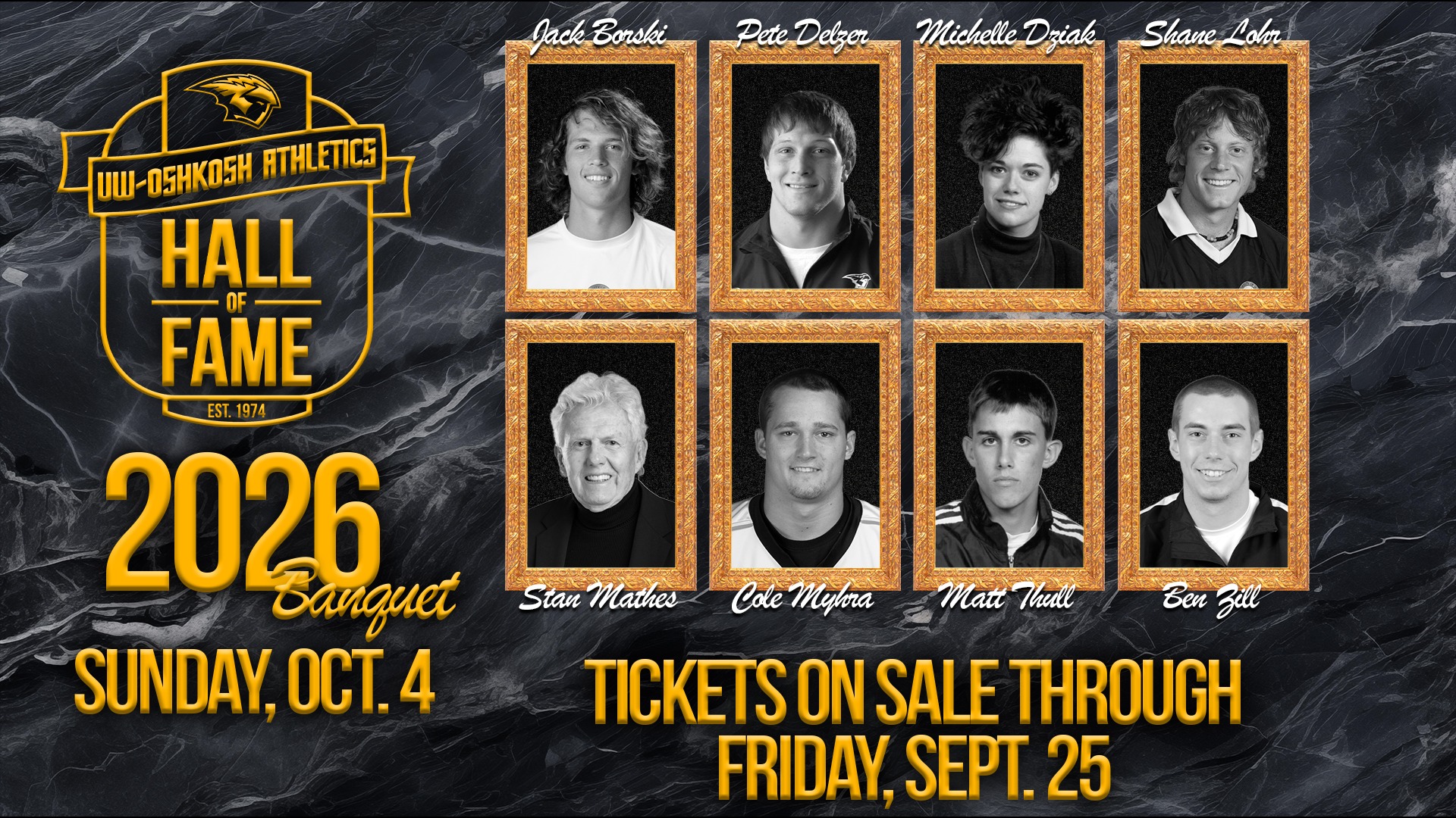 2026 Hall of Fame Tickets On Sale Graphic, hall of fame logo in top left, inductee headshots in top right, banquet date (Oct. 4) in bottom left, tickets on sale until Sept. 25 in bottom right
