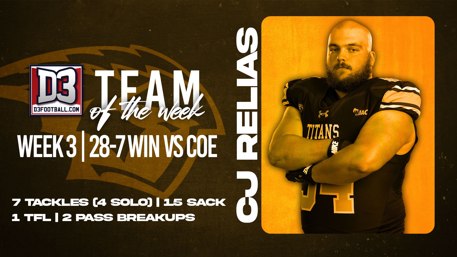 Sept. 22, 2026 CJ Relias D3football.com Team of the Week Graphic