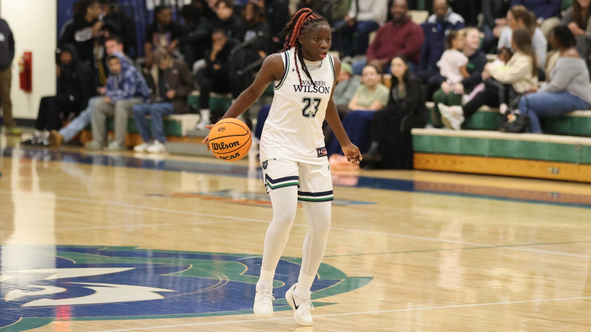 25-26 WBB Player, Ori Galloway dribbles the ball upcourt